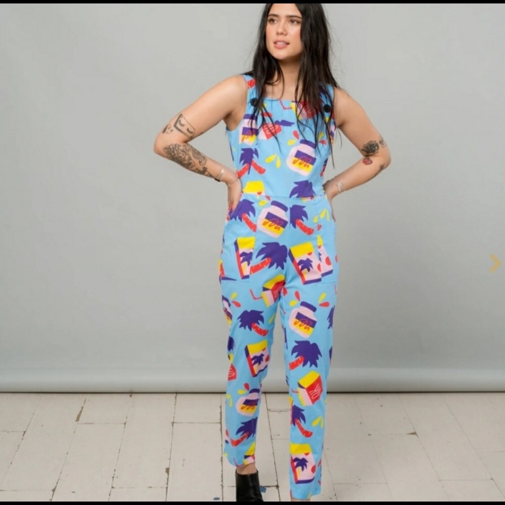 Nooworks Light Blue “Snacks” Tropical Print Classic Overalls